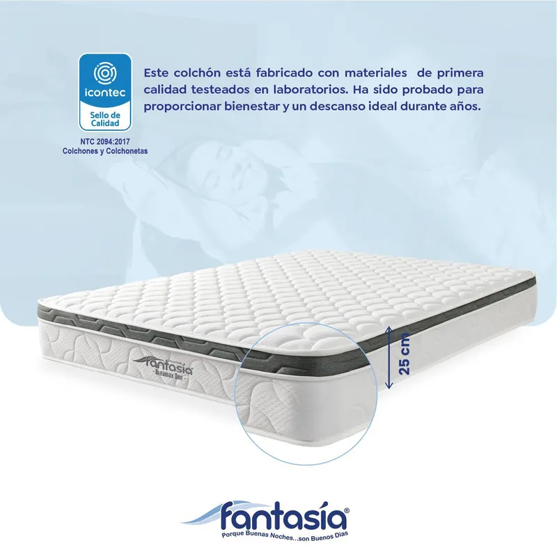 Colchón con Base Cama Doble Firmeza Media Ortopédico Resortado con Pillow Dreamax One 140 x 190 cm + 2 Almohadas Colchones Fantasía