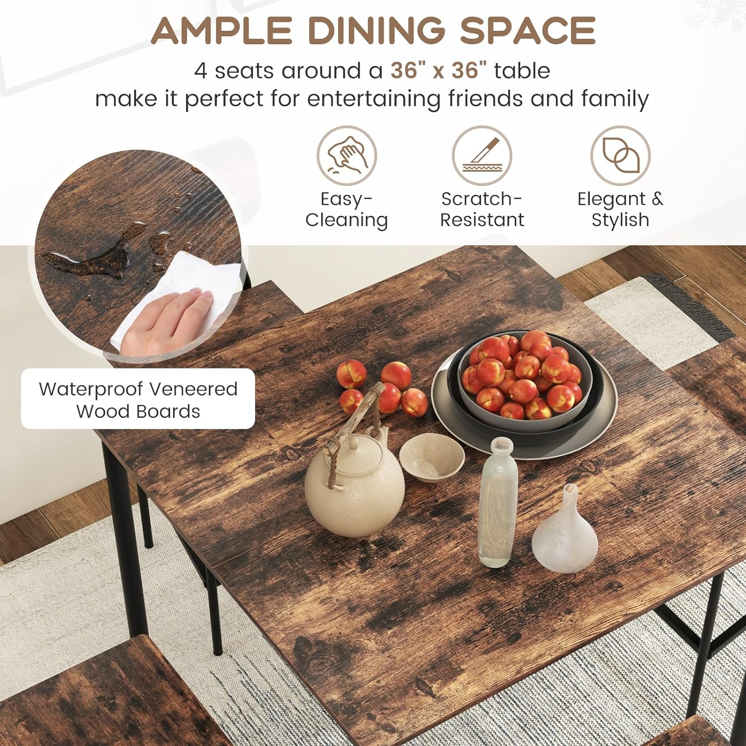 Juego de mesa de comedor de 5 piezas con mesa de altura y 4 taburetes de bar, juego de comedor industrial de cocina con reposapiés y respaldo, juego de comedor que ahorra espacio para pub,