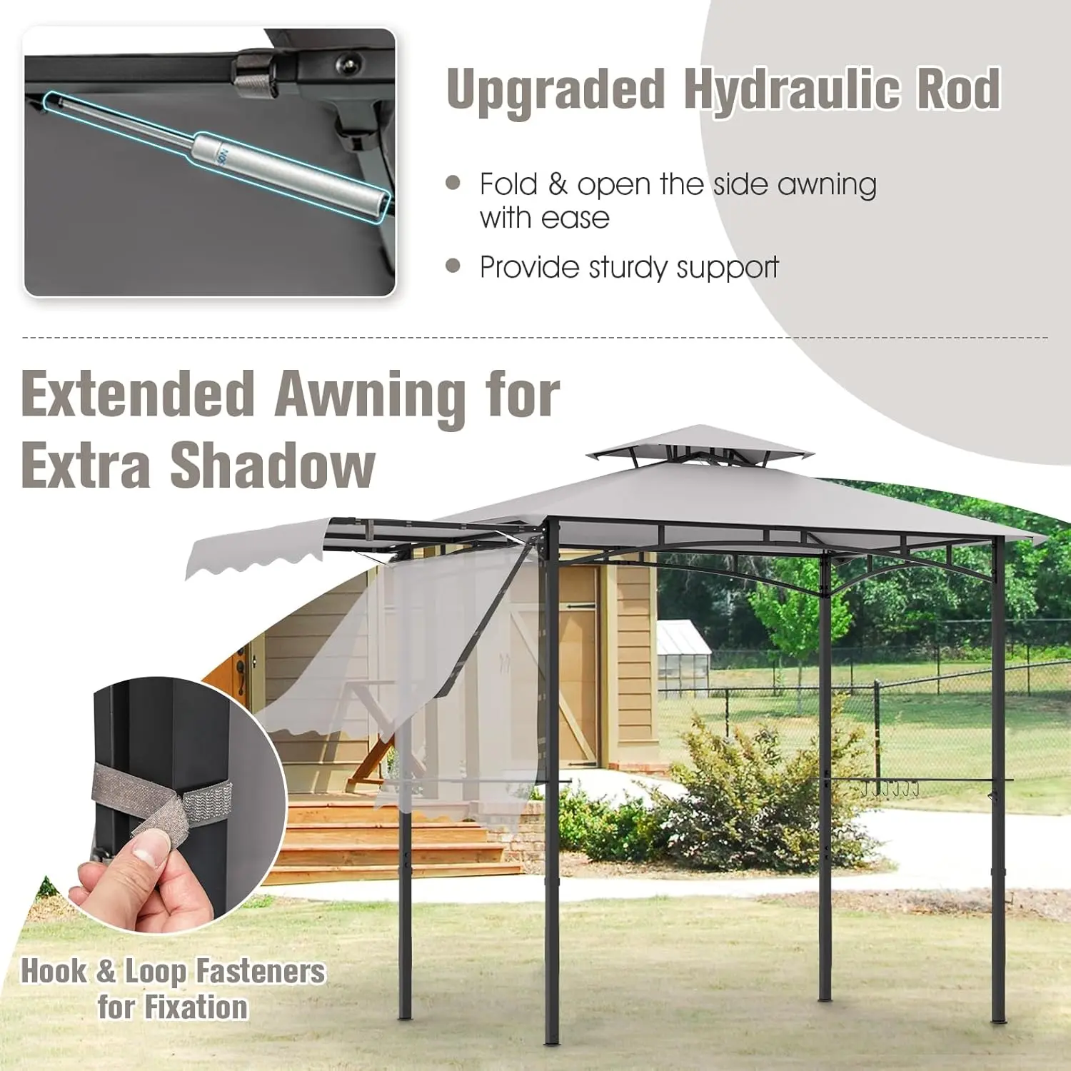 [Regalo para el Día de la Madre] Cenador para Parrilla con Toldo Lateral — Cenador de 2 Niveles para Barbacoa con Estantes, Ganchos Colgantes y Abrebotellas — Toldo Exterior para Parrilla (Ideal para Patio Trasero, Jardín o Zona de Piscina)