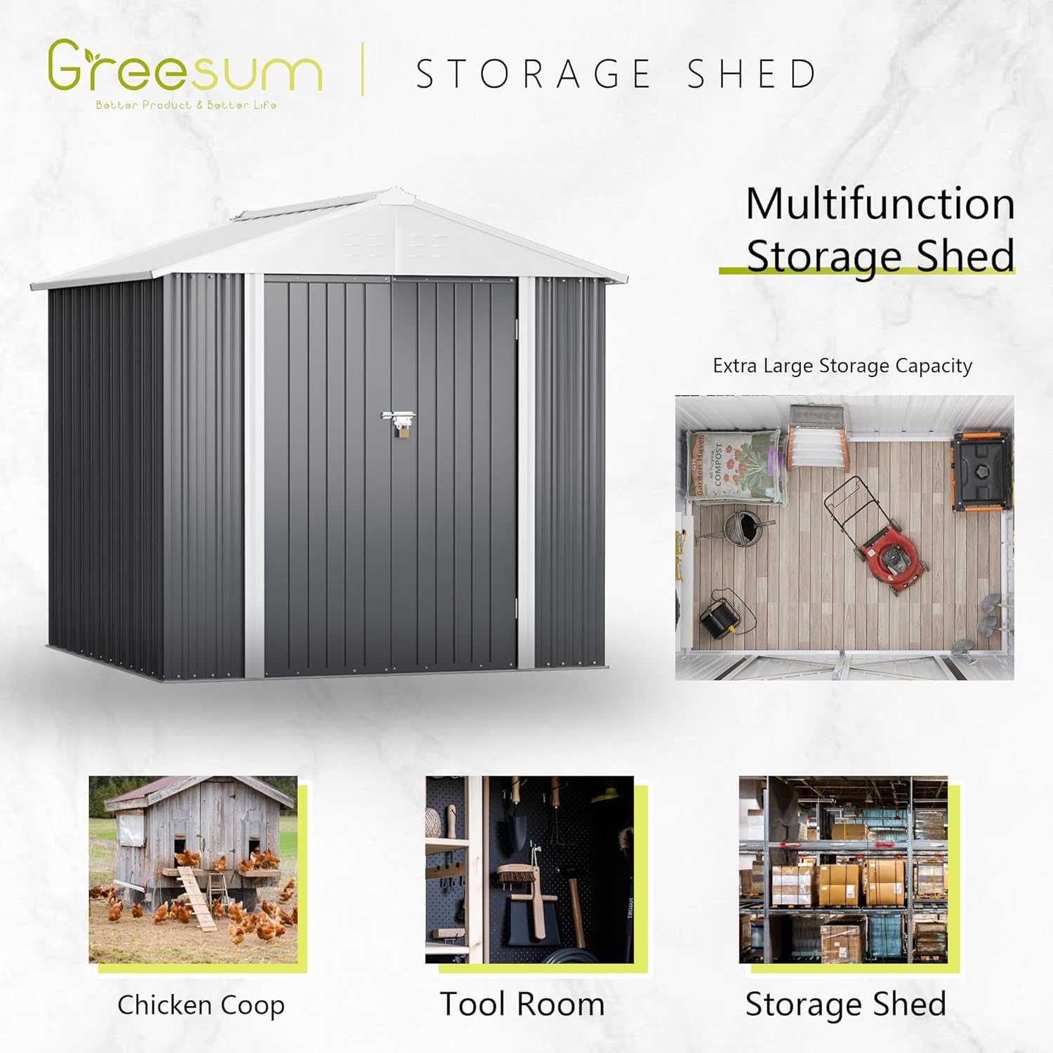 Greesum - Cobertizo de almacenamiento de metal para exteriores, 5 pies x 3 pies, herramienta de acero para cobertizo de almacenamiento con puerta y cerradura, para patio trasero, jardín, patio, césped (5 x 3 pulgadas), color café