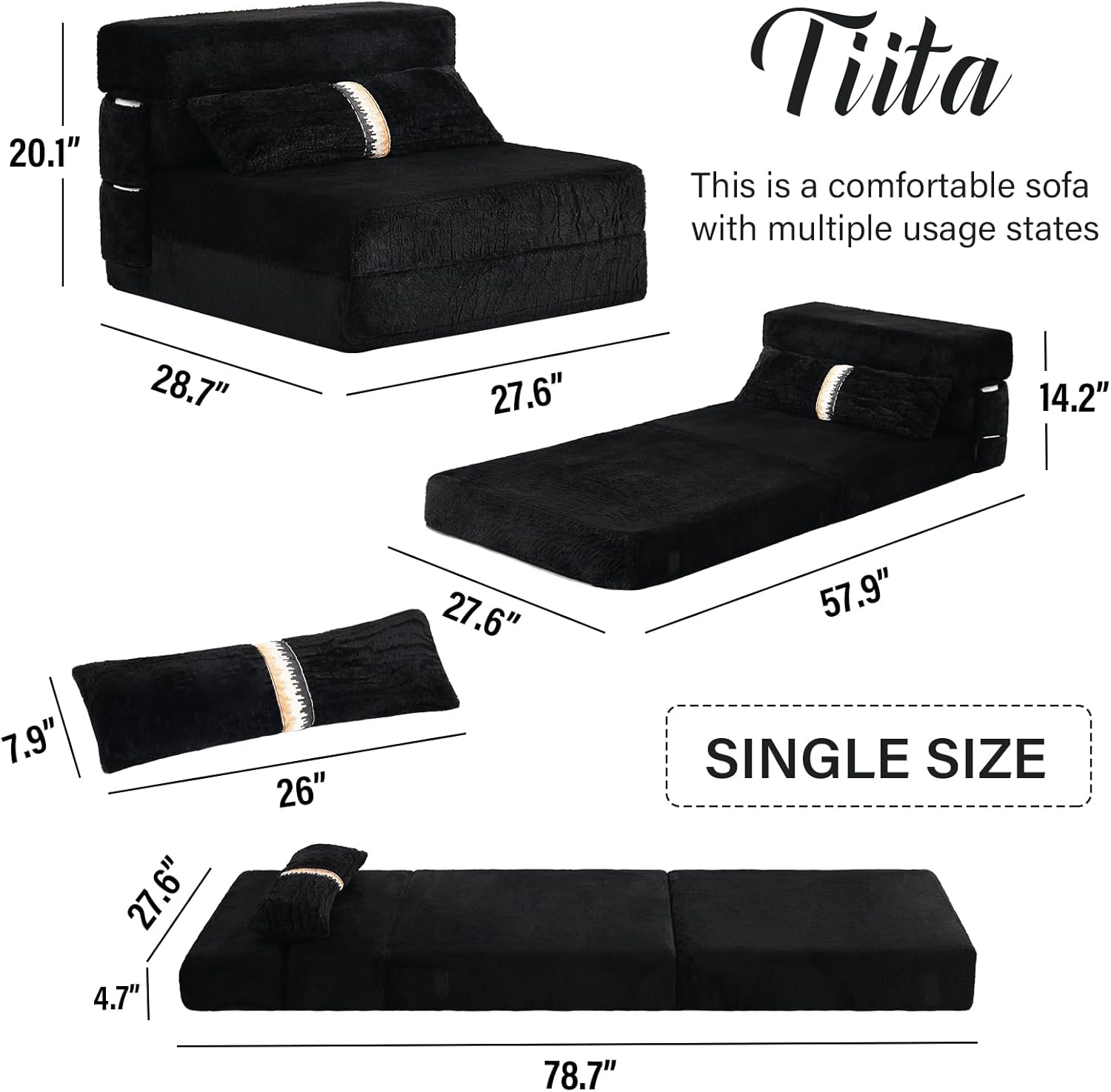 Tiita - Sillón de futón, tamaño individual, sofá cama plegable con almohada, colchón de piso y futón para sala de estar, recámara, uso de invitados, departamento