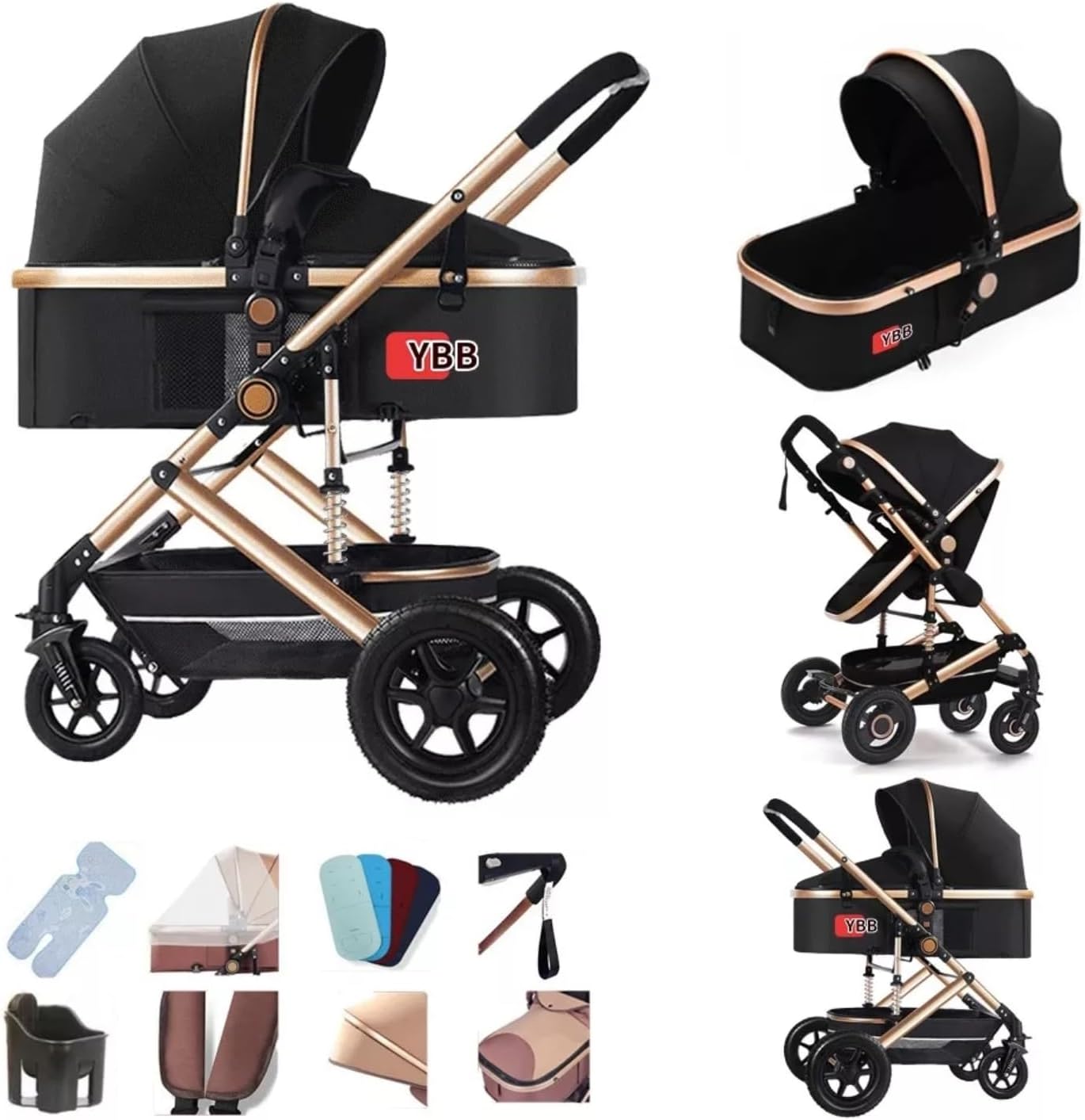 FINYQBET Carrito De Bebé Plegable Universal Para Cuatro Estaciones Sillas De Paseo para Bebés De Alta Vista para Bebés Recién Nacidos, Implementación Bidireccional Multifuncional Y Segura Caqui
