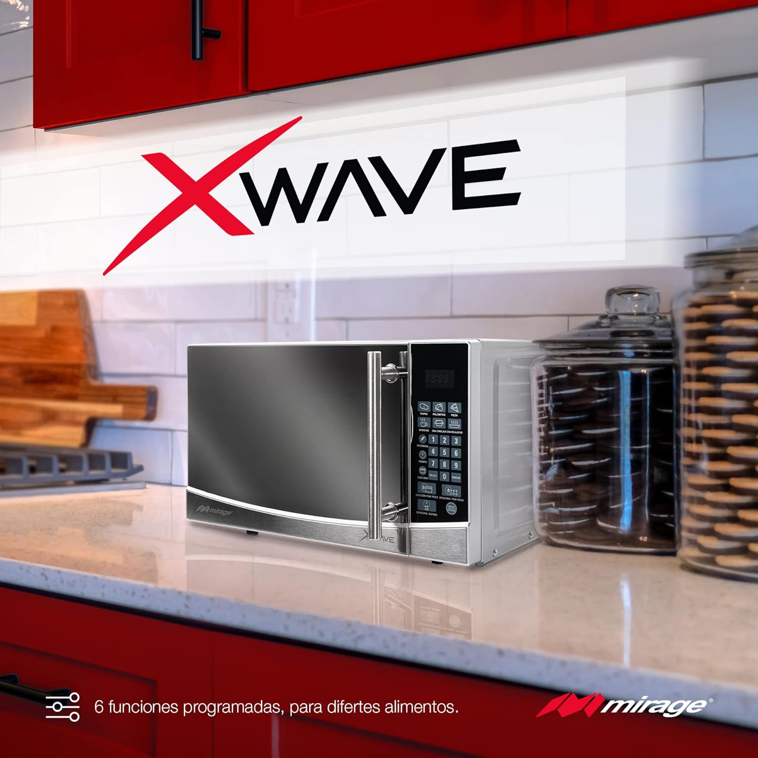 Microondas Xwave Mirage, 0.7 pies, 9 programas predeterminados, acabado tipo espejo, descongelamiento y coccion por pero, plata, modelo MWD020E-PLATA