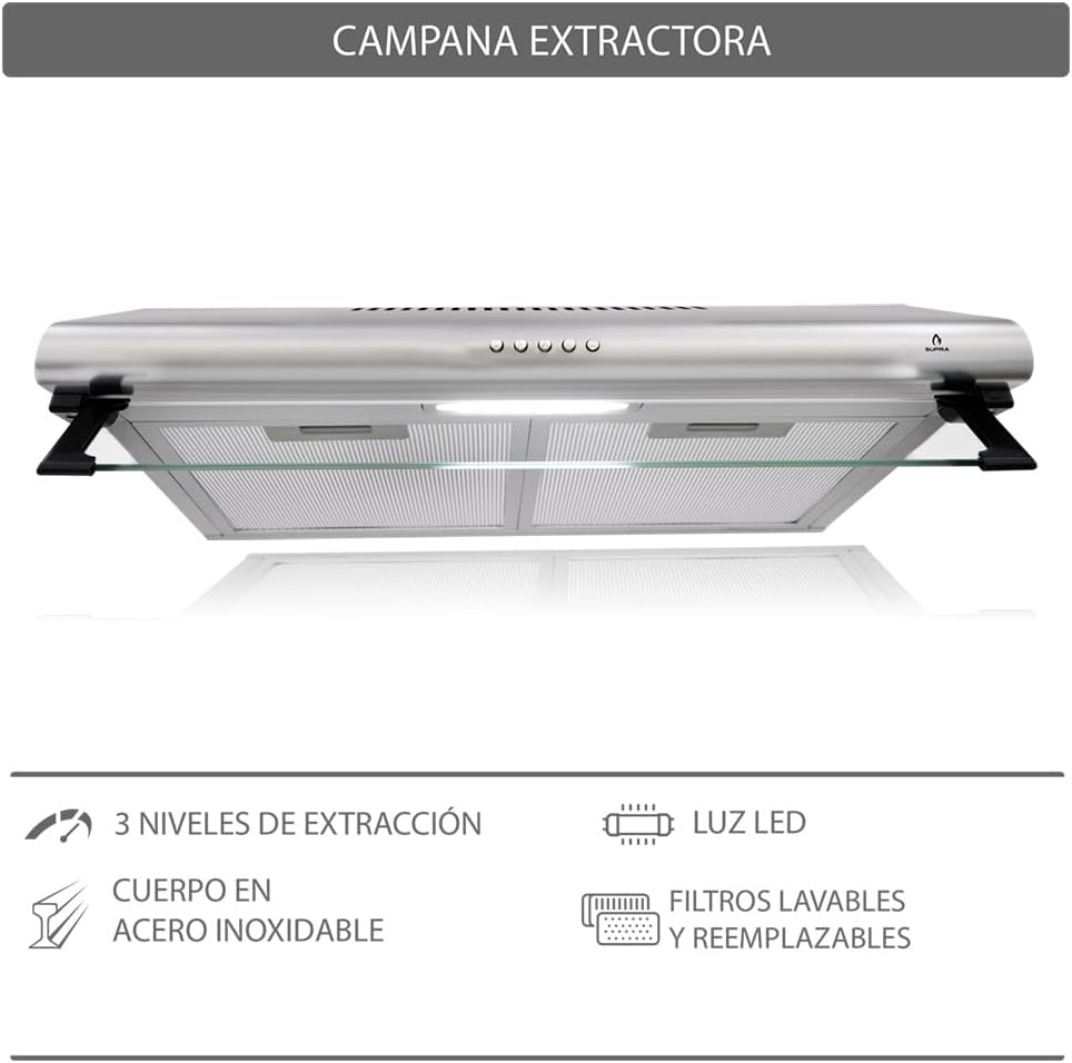 SUPRA Combo empotrable Kalas, Parrilla a gas de 4 quemadores para empotrar de 60 cm Mod. KAYSER, Campana extractora de tipo pared en acero inoxidable de 60 cm Mod. CB-60