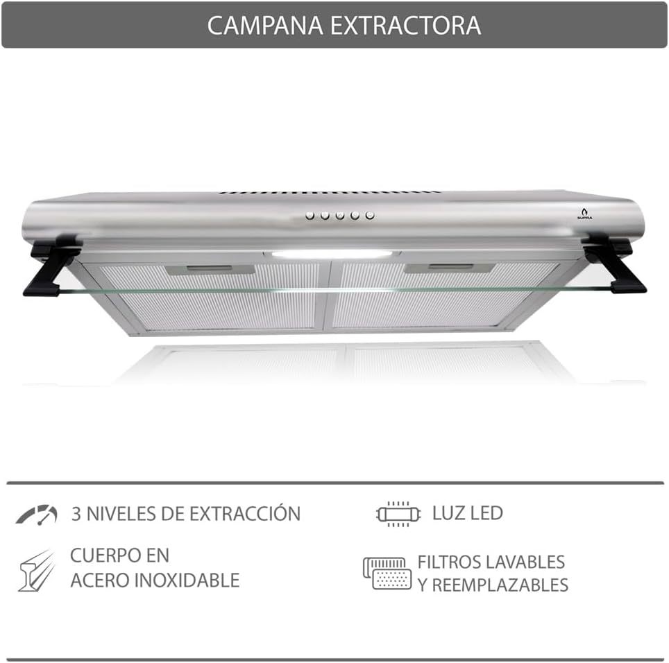 SUPRA Combo empotrable Kalas, Parrilla a gas de 4 quemadores para empotrar de 60 cm Mod. KAYSER, Campana extractora de tipo pared en acero inoxidable de 60 cm Mod. CB-60