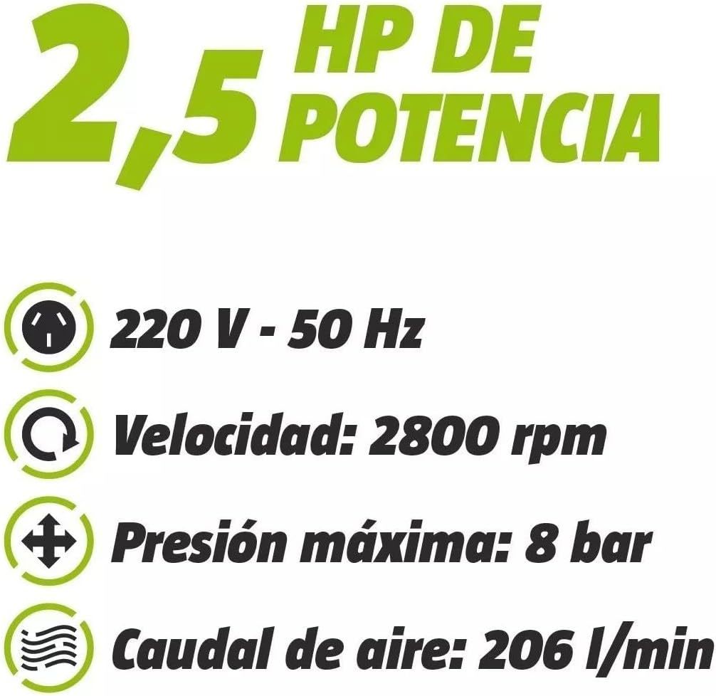 Kroner Compresor de Aire 50 Litros 2.5 HP – Kit de Pintura con Pistola, Manguera y Accesorios, 8 Bar 115 PSI 206 L/min