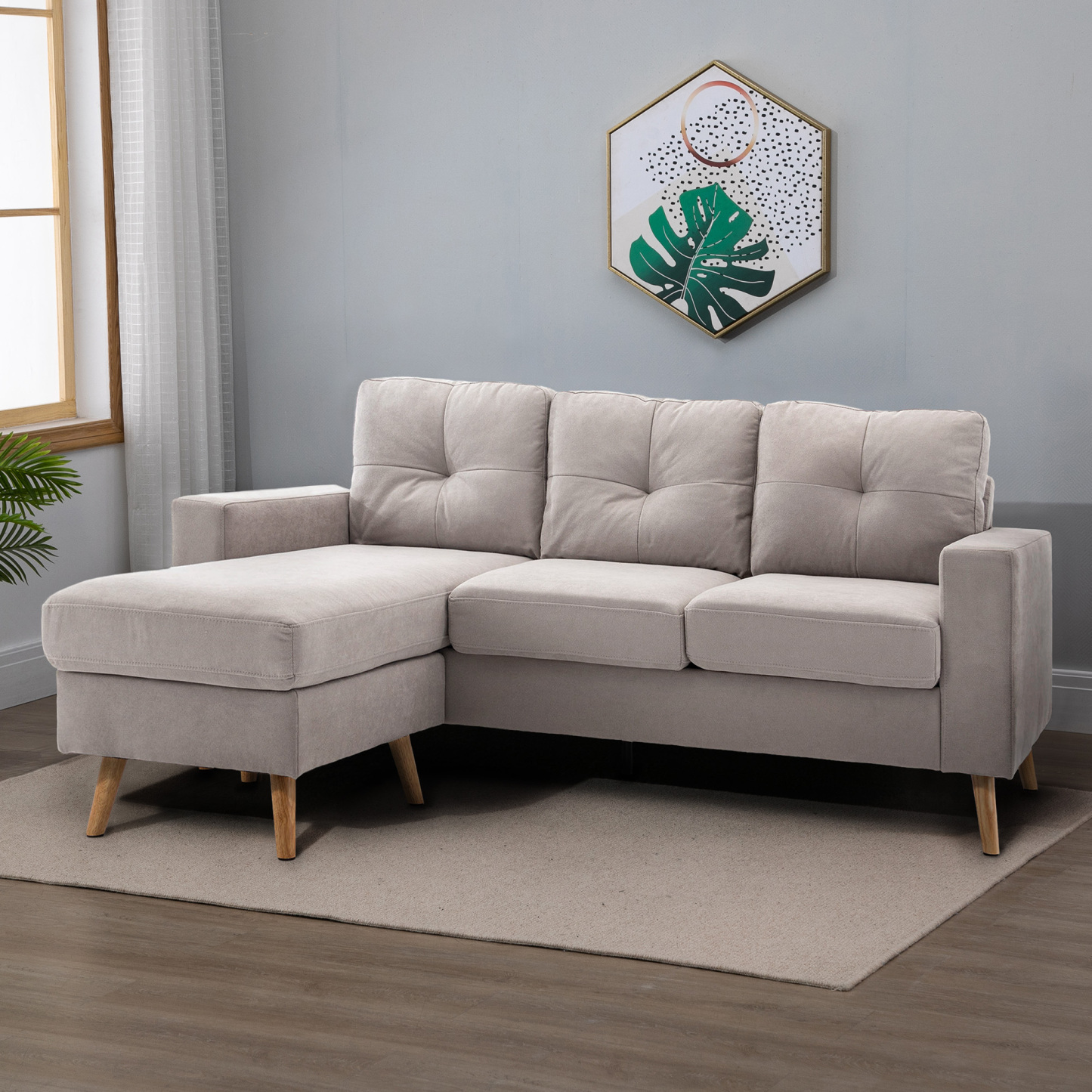 Sofá de Esquina de 3 Plazas, Aspecto Lino, Chaise Lounge Reversible, 193x136x85 cm, Gris Claro