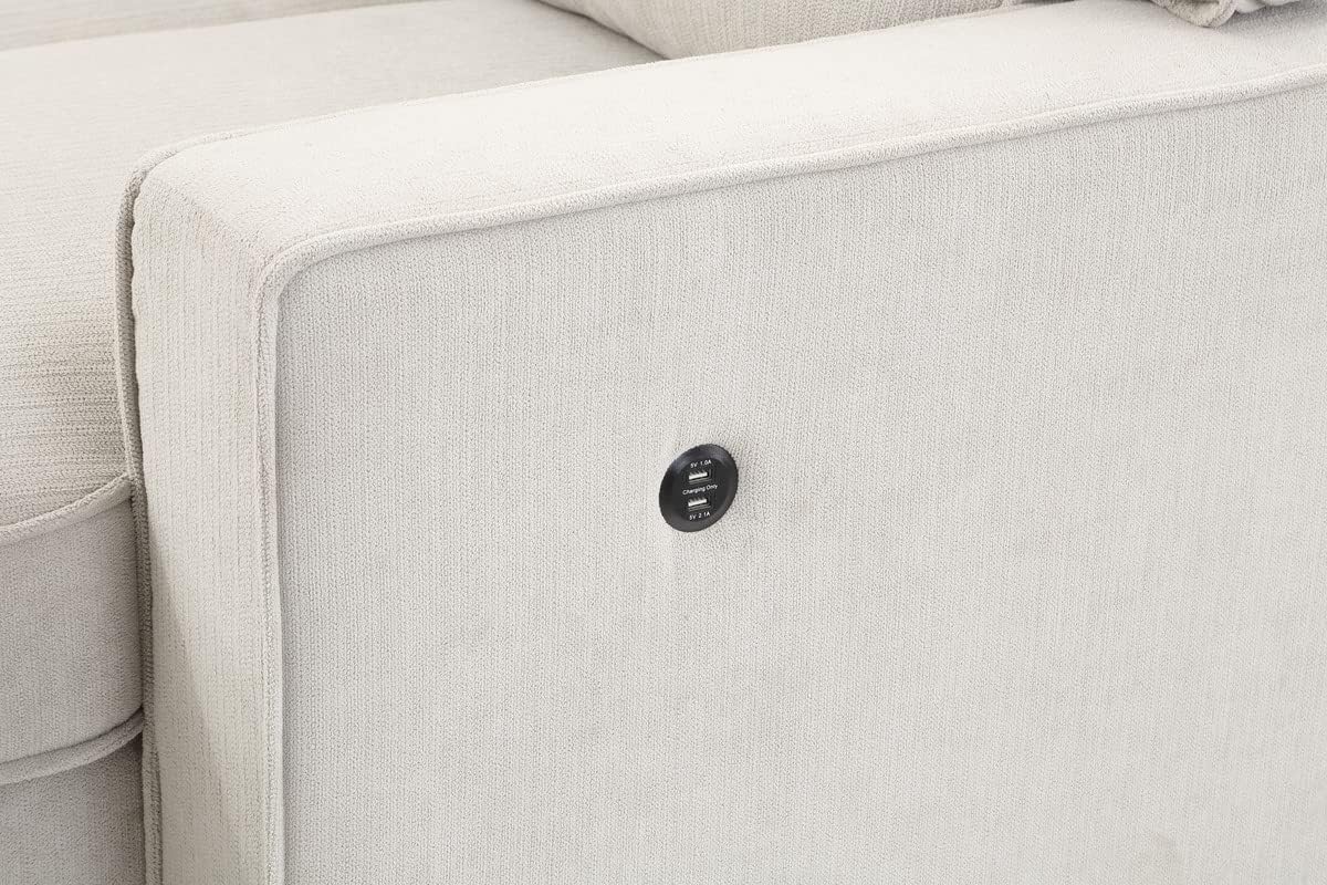 Lilola Home Estelle - Cama Reversible de Tela Beige de 86 Pulgadas, con Mesa desplegable de Almacenamiento para tumbonas, 2 portavasos y 2 Puertos USB