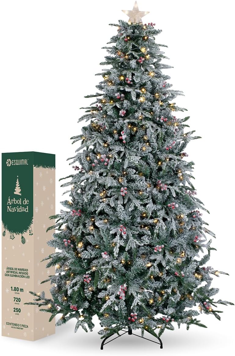 ESQUIMAL Árbol de Navidad Nevado con Luces LED 8 Modos de Iluminación + Estrella + Bayas (Verde Nevado, 1.8 m)
