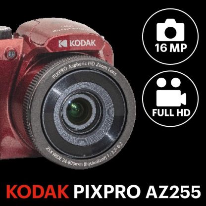 KODAK PIXPRO AZ255-RD Cámara Digital de 16 MP, Zoom óptico de 25 x 24 mm, Lente Gran Angular, estabilización óptica de Imagen, 1080P, Full HD, Video, cámara de vlogging LCD de 3 Pulgadas (Rojo)