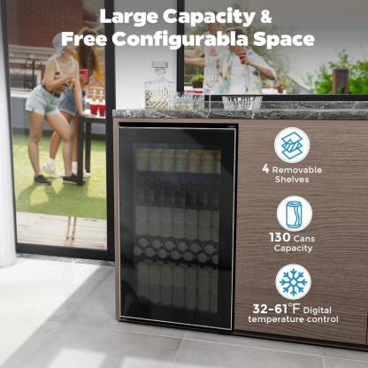 Refrigerador y Enfriador de Bebidas, Mininevera con capacidad para 48-130 latas, Enfriador compacto con pantalla digital (32~61℉), Pequeño refrigerador con 4 estantes para oficina en casa, dormitorio, garaje o sala de juegos
