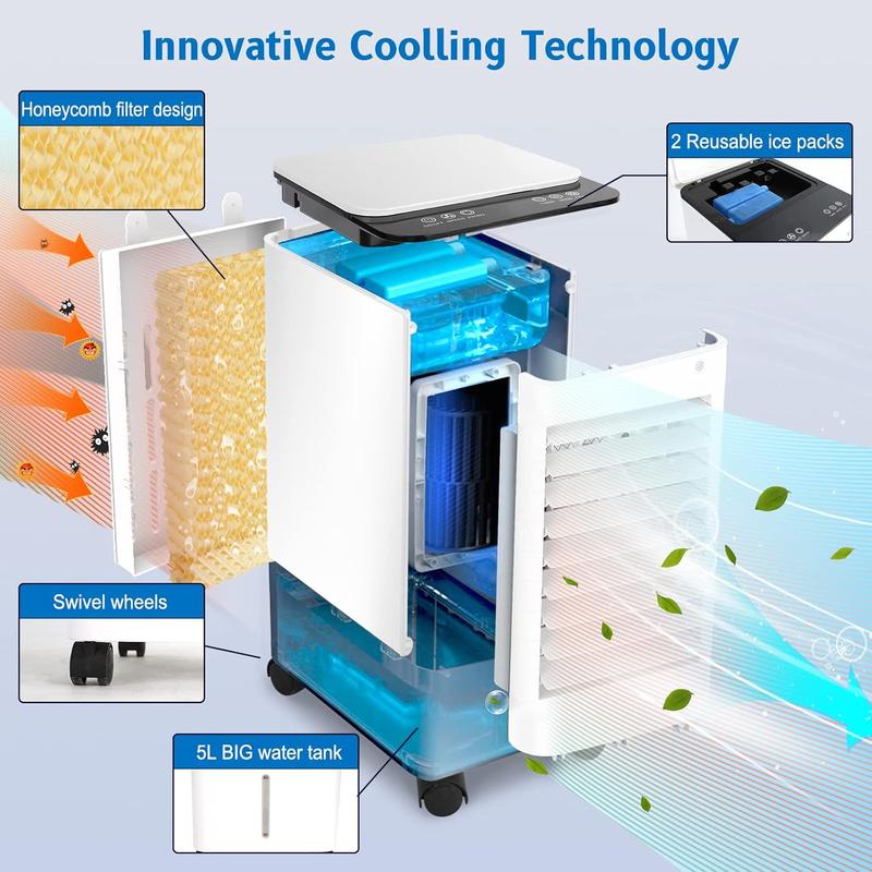 Portable Air Cooler Fan, 3-IN-1 Evaporative Tank Fan Swamp Cooler aire acondicionado portatil with Remote, 3 Modes 3 Speeds &12H Timer, 1.16/9.5Gal ,4 Ice Packs & 4 Wheels, 45° Oscillation, Quiet for Room Home Office