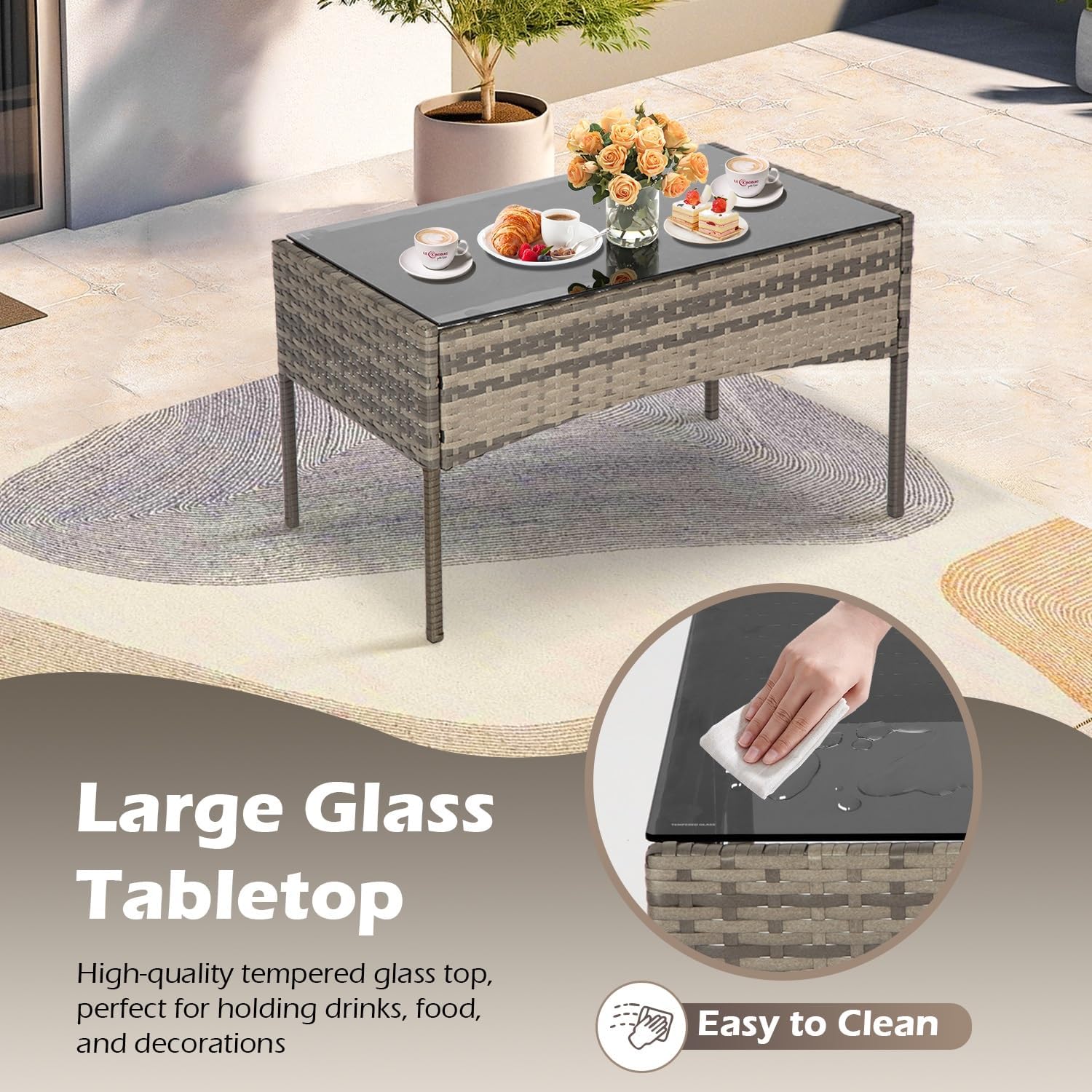 FDW - Juego de 4 muebles para exteriores, juego de conversación de mimbre con silla de ratán, mesa de centro para exteriores, interiores, jardín, patio, porche, terraza, balcón, cojines de mimbre