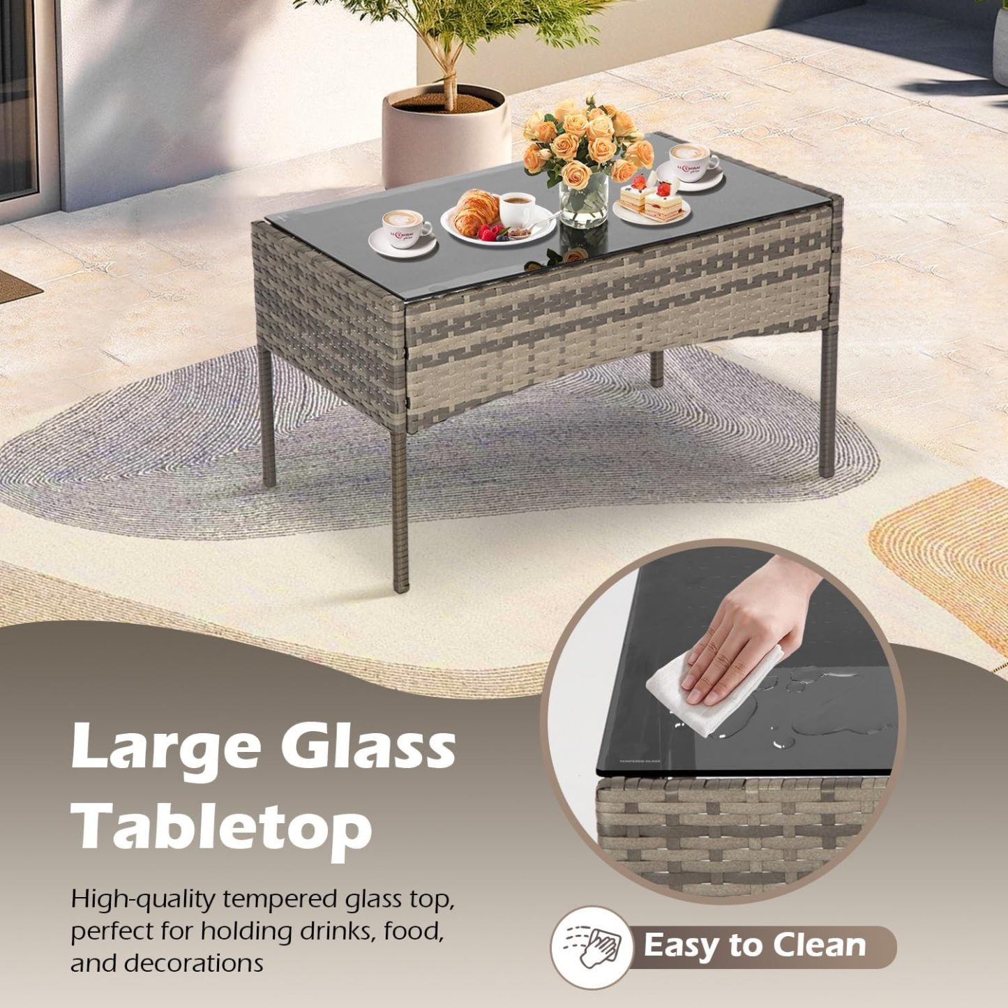FDW - Juego de 4 muebles para exteriores, juego de conversación de mimbre con silla de ratán, mesa de centro para exteriores, interiores, jardín, patio, porche, terraza, balcón, cojines de mimbre