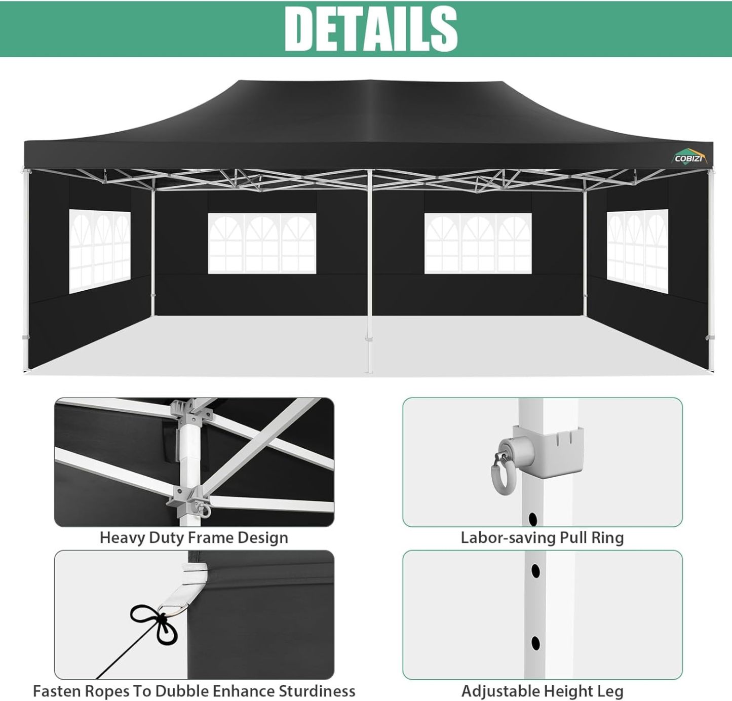 COBIZI - Toldo desplegable de 10 x 20 Pulgadas con 6 Paredes Laterales, toldo Impermeable para Eventos al Aire última intervensión, UPF 50+ cenador portátil para Fiestas, Playa, Camping, Boda,