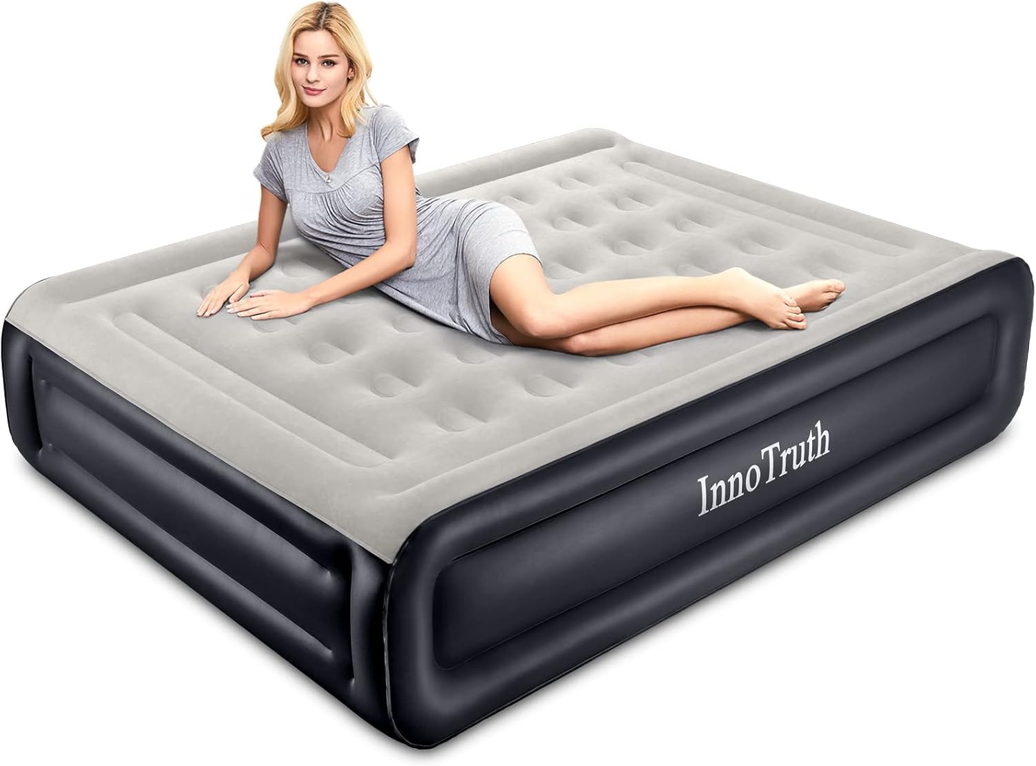 InnoTruth Colchón de aire Queen con bomba incorporada, cama de aire inflable elevada para camping, colchón inflable de doble altura con bolsa de transporte portátil, negro frío, Queen (80 x 60 x 18 pulgadas)