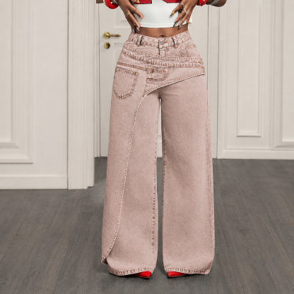Jeans de pierna ancha y cintura alta para mujer con cintura asimétrica – Pantalones vaqueros holgados de lavado claro