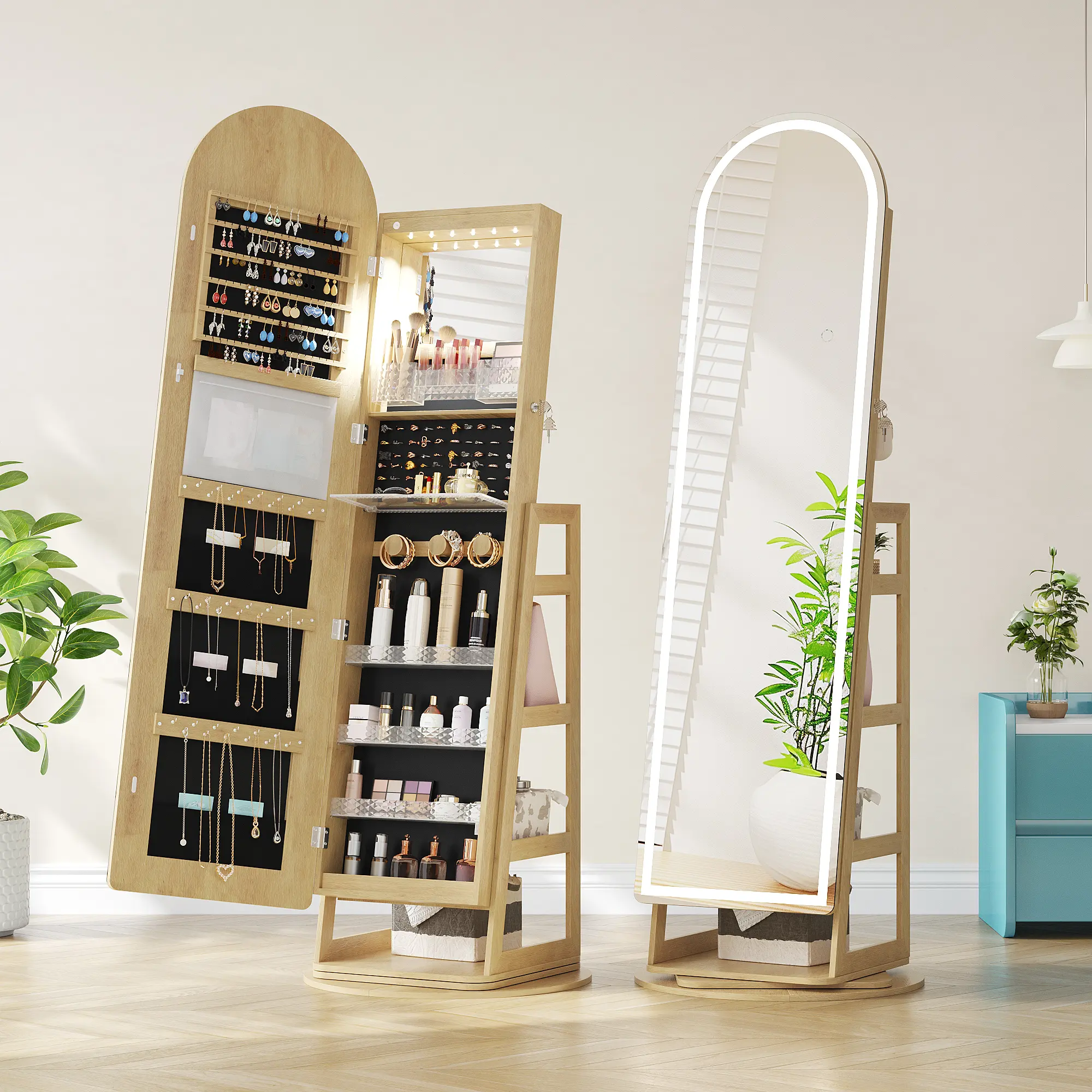 ✨ Espejo de Cuerpo Entero con Armario Joyero Giratorio 360° | Luz LED de 3 Colores | Organizador con Cerradura | Almacenamiento Multifuncional para Dormitorio 💎