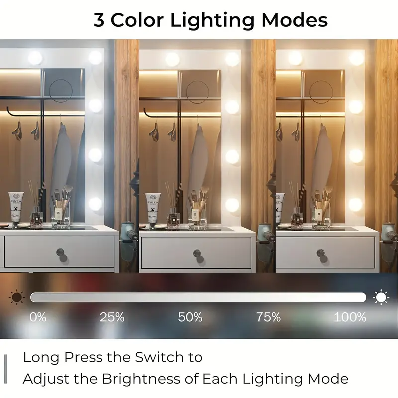 1 Juego de 11 cajones con 12 luces LED Tocador con espejo iluminado, Mesa de maquillaje con cajones de almacenamiento y taburete acolchado para dormitorio, Tocador con 3 modos de iluminación Brillo ajustable