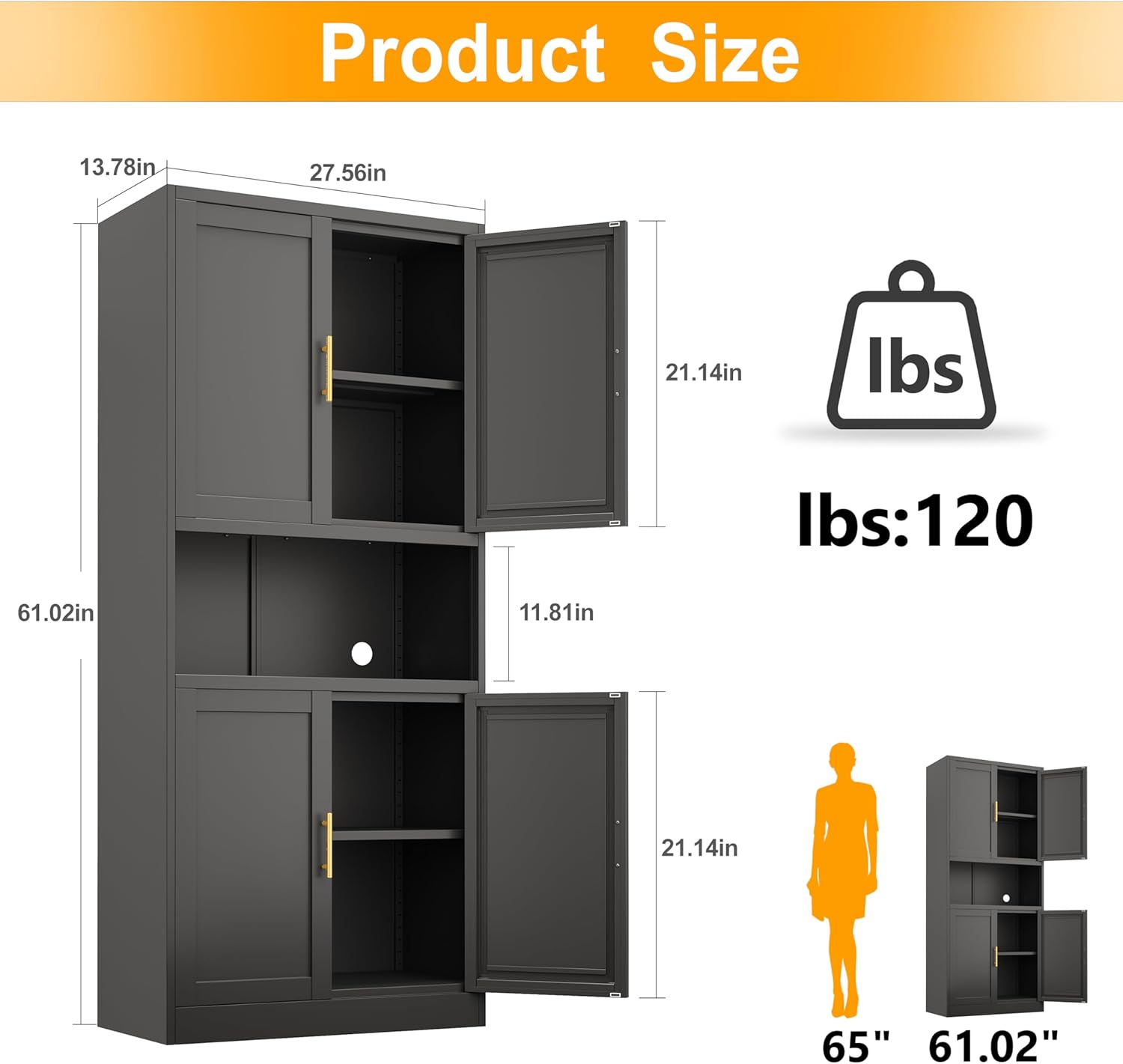 Ckzbx Gabinete de cocina de metal de 61 pulgadas de alto con 4 puertas, armarios de baño, 2 estantes ajustables para cocina, oficina en casa, sala de estar, comedor (negro)