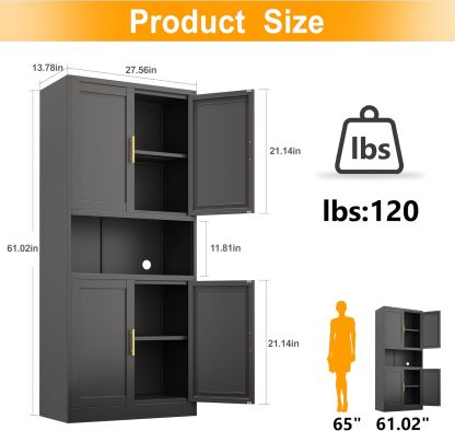 Ckzbx Gabinete de cocina de metal de 61 pulgadas de alto con 4 puertas, armarios de baño, 2 estantes ajustables para cocina, oficina en casa, sala de estar, comedor (negro)