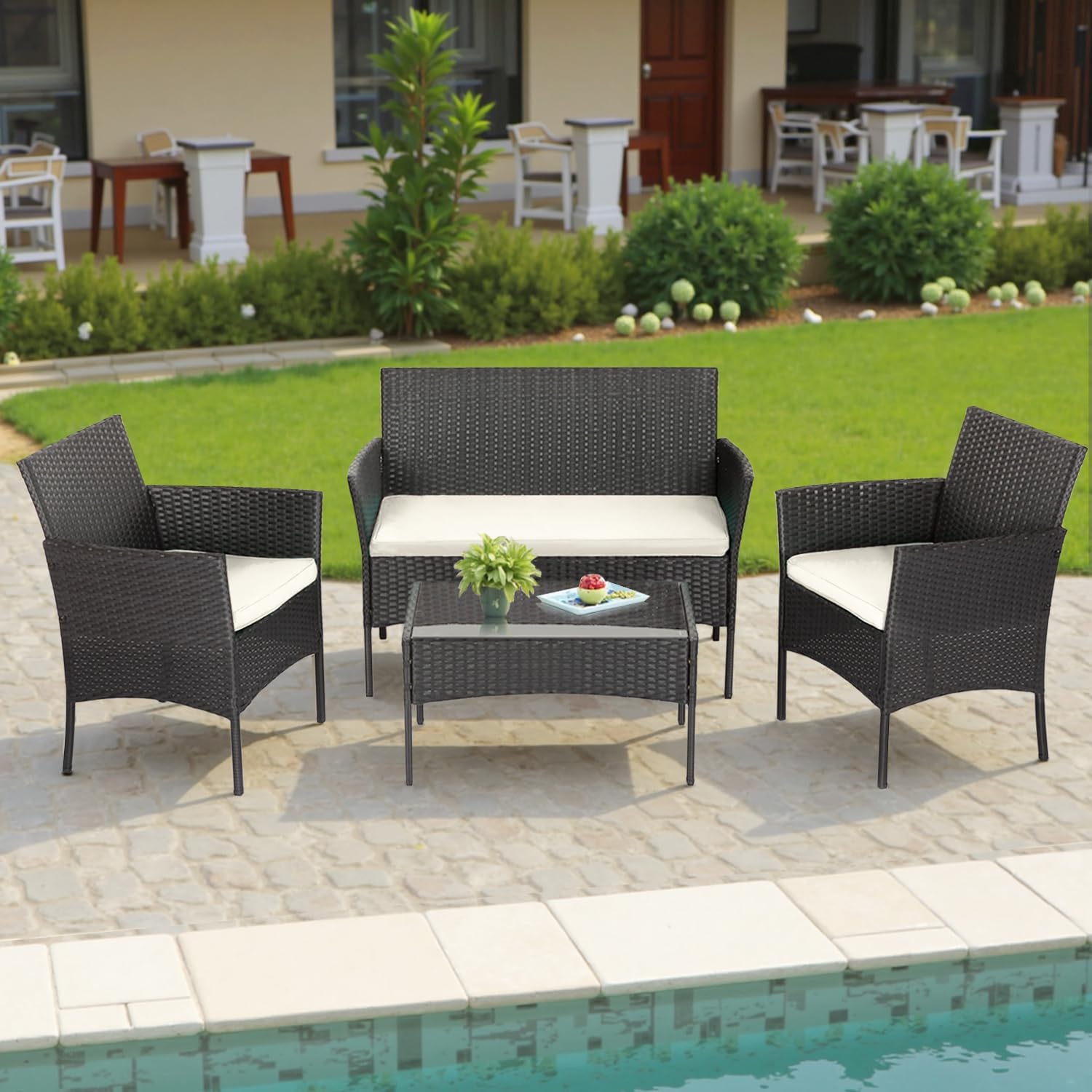 FDW - Juego de 4 muebles para exteriores, juego de conversación de mimbre con silla de ratán, mesa de centro para exteriores, interiores, jardín, patio, porche, terraza, balcón, cojines de mimbre