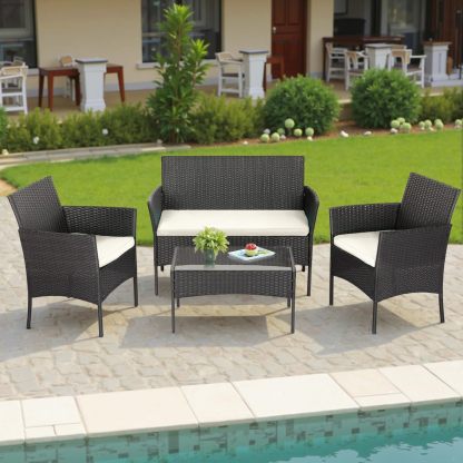 FDW - Juego de 4 muebles para exteriores, juego de conversación de mimbre con silla de ratán, mesa de centro para exteriores, interiores, jardín, patio, porche, terraza, balcón, cojines de mimbre