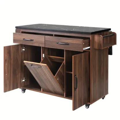 Isla de cocina rodante Merax con almacenamiento para botes de basura, hoja abatible, estante para especias, toallero y cajón - Estante y ruedas ajustables