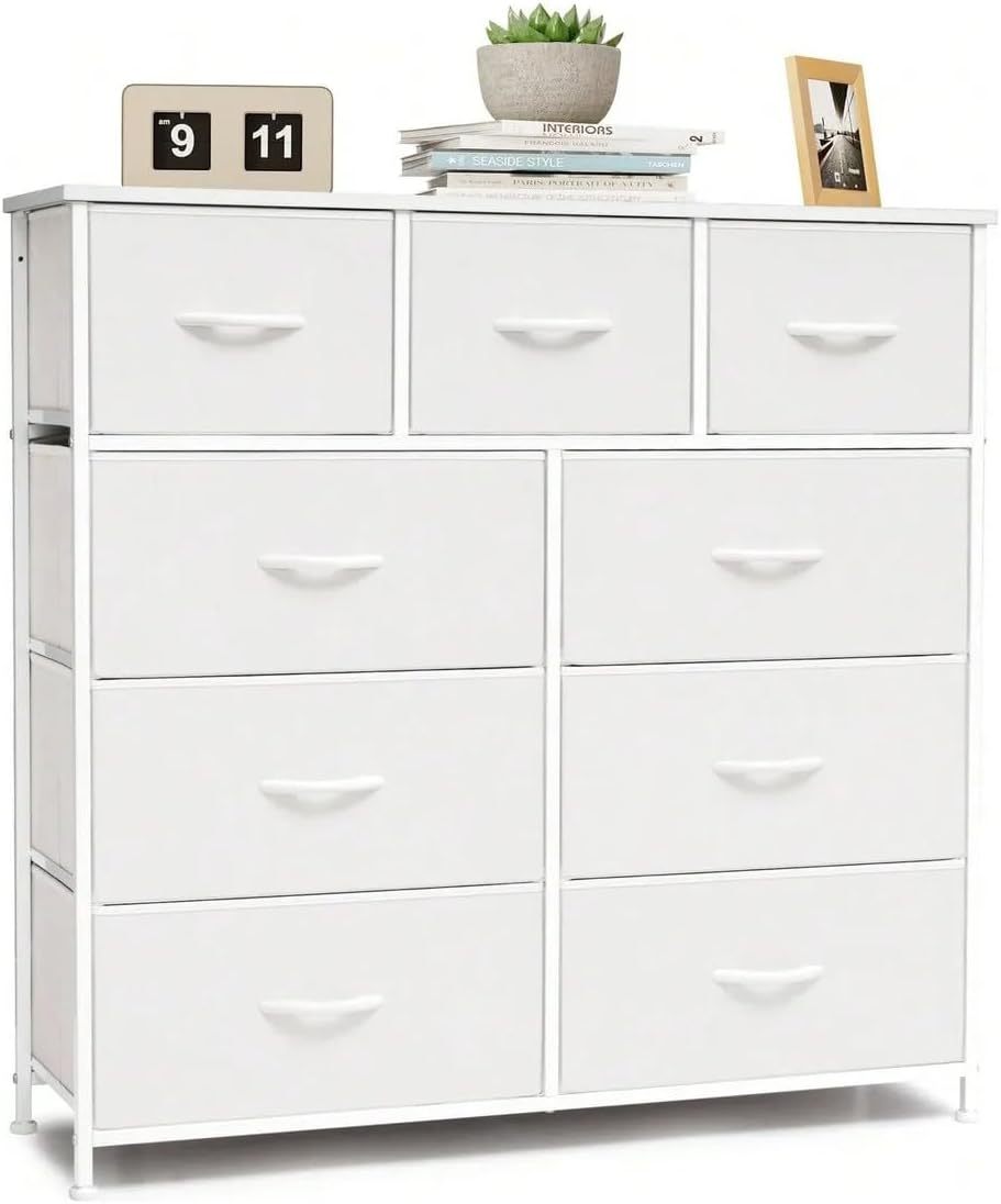 BRO A SIS Cómoda Alta de 9 Cajones para Recámara y Closet, Mueble Organizador de Ropa y Juguetero para Bebé, Cajonera de Tela con Estante de Madera, Torre de Almacenamiento Vertical (Blanco)