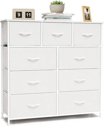 BRO A SIS Cómoda Alta de 9 Cajones para Recámara y Closet, Mueble Organizador de Ropa y Juguetero para Bebé, Cajonera de Tela con Estante de Madera, Torre de Almacenamiento Vertical (Blanco)