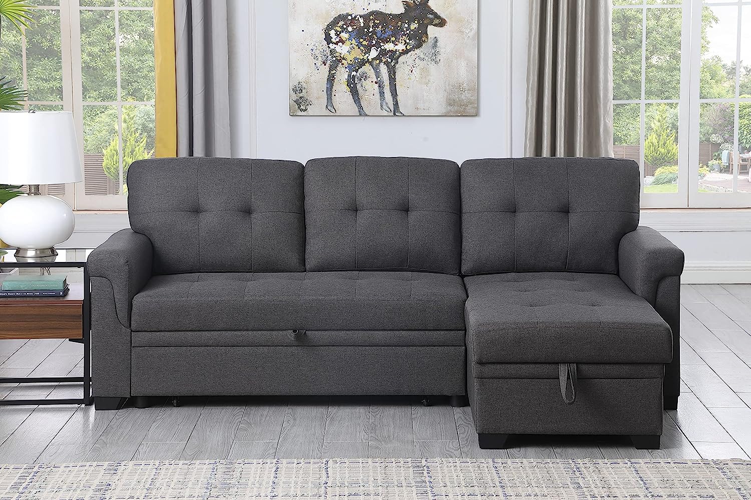 Lilola Home Lucca - Sofá seccional Reversible de Lino Gris Claro con diván de Almacenamiento