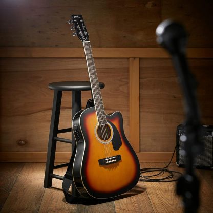 Ashthorpe - Paquete de guitarra acústica-eléctrica de tamaño completo, Negro