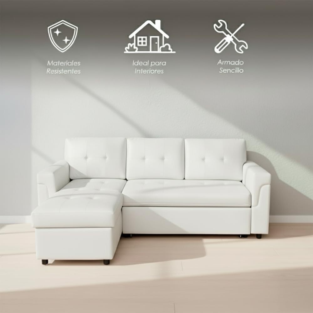Ilios Innova | Sofá Cama Kairo de Cuero Sintético, Chaise Longue/Cama Extraíble, 3 Plazas, Estructura de Madera, Funcional y Moderno.