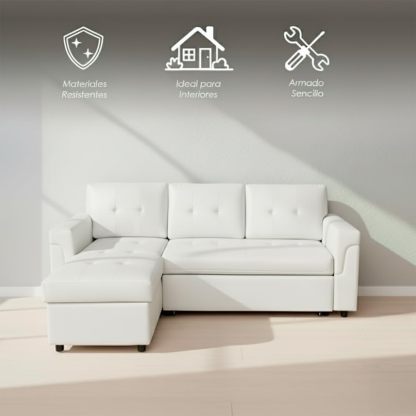 Ilios Innova | Sofá Cama Kairo de Cuero Sintético, Chaise Longue/Cama Extraíble, 3 Plazas, Estructura de Madera, Funcional y Moderno.