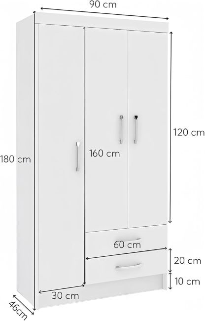 TRIUMPHKEY Ropero Closet Madera para Recamara Armarios para Ropa con 2 Cajones Closet con 3 Puertas Minimalista Muebles para Sala De Estar 90x46x180CM (Blanco)