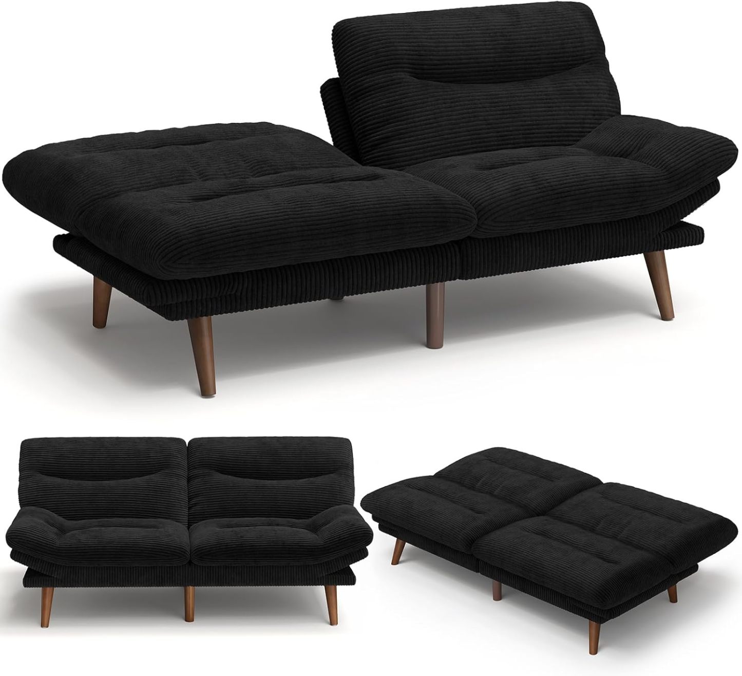 AMADA Sofá Cama Futón Convertible de 66", Juego de Futón Plegable de Pana con Respaldo y Reposabrazos Ajustables, Sillón Reclinable para Sala de Estar, Departamento u Oficina, Marco de Madera Sólida