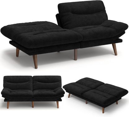 AMADA Sofá Cama Futón Convertible de 66", Juego de Futón Plegable de Pana con Respaldo y Reposabrazos Ajustables, Sillón Reclinable para Sala de Estar, Departamento u Oficina, Marco de Madera Sólida