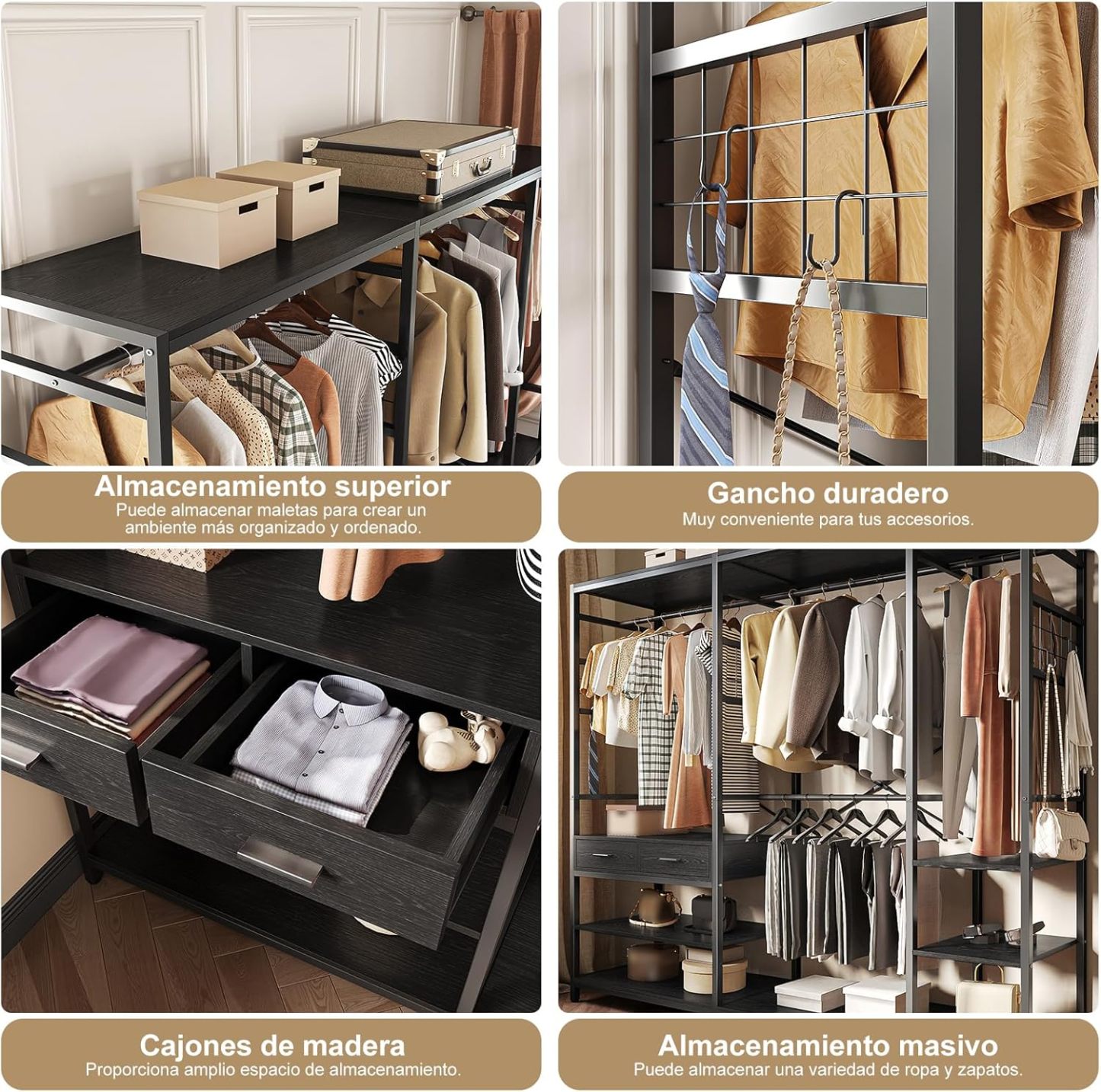Simple Wisdom Closet Armables Para Ropa,2M Perchero Para Ropa Esquina en Forma de L,Closet Para Ropas Con 2 Cajones de Madera,Rack Para Ropas Con 5 Estantes Abiertos (Negro)