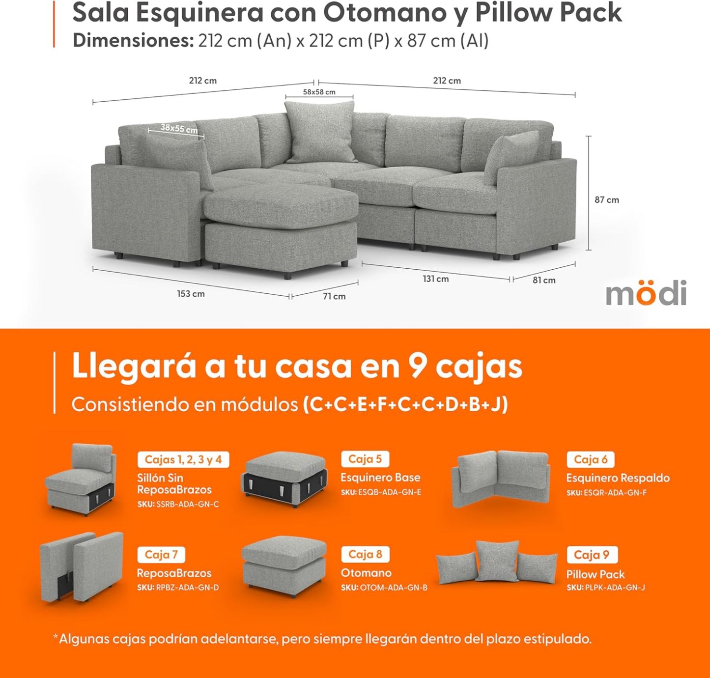 MODISOFA - Sofá Sala Esquinera Modular con Otomano | 6 Plazas | Beige | + Pillow Pack | Fácil de Ensamblar y Adaptable | Envío Gratis