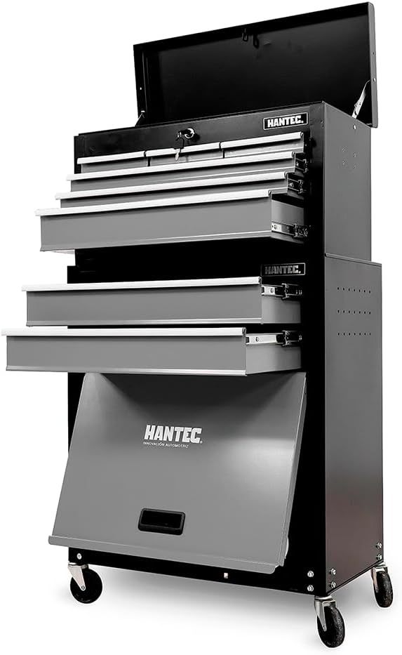 Hantec - Combo Caja de Herramientas y Estante Móvil - 9 Cajones Deslizables, Metal Reforzado con Ruedas y Cerradura - Color Gris