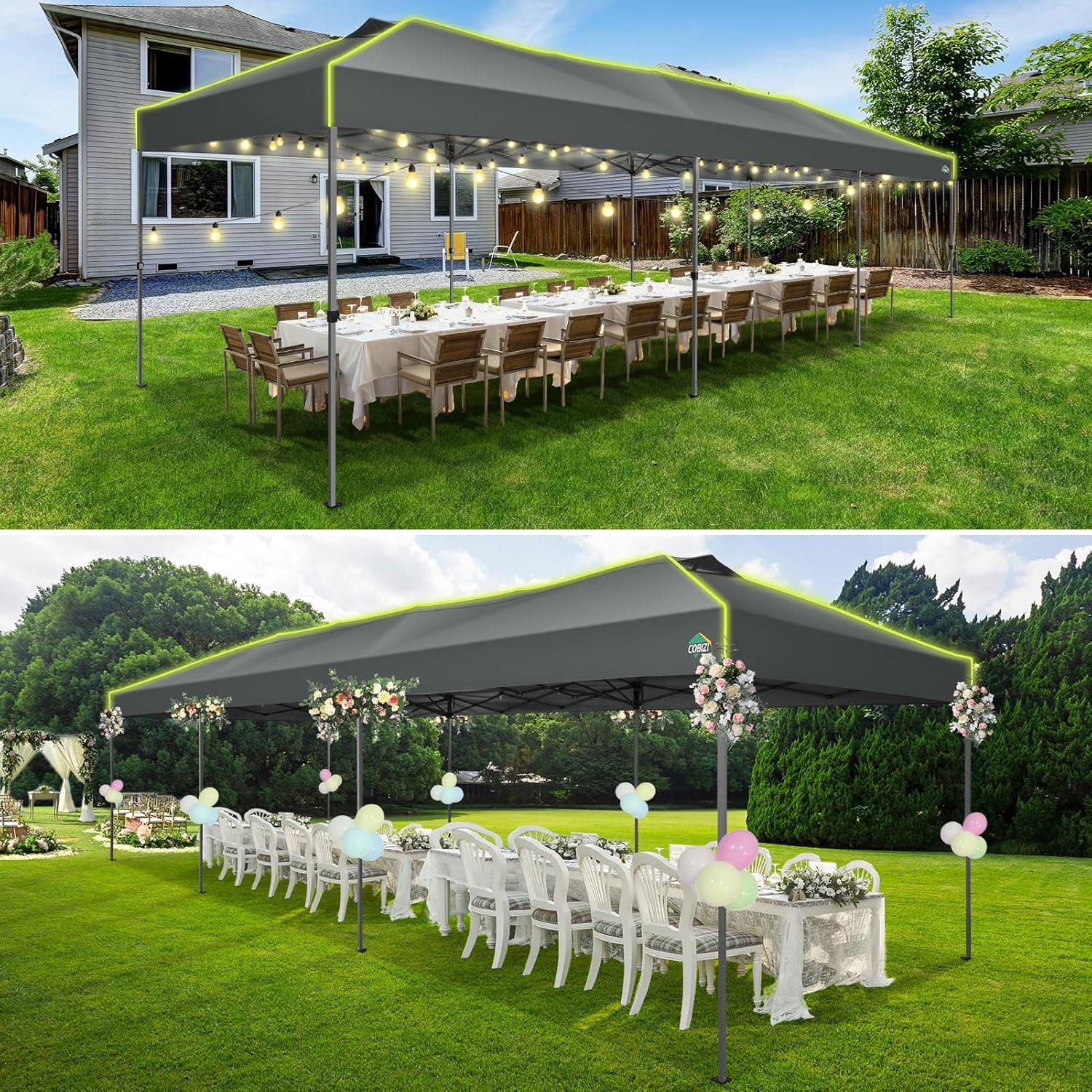 COBIZI - Tienda de campaña desplegable de 10 x 20 Pulgadas, Tienda de campaña instantánea Comercial para Bodas, Fiestas con 3 Altura Ajustable, toldo Ez Up para Exteriores, Impermeable, UPF50+ con