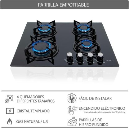 SUPRA Combo empotrable Kalas, Parrilla a gas de 4 quemadores para empotrar de 60 cm Mod. KAYSER, Campana extractora de tipo pared en acero inoxidable de 60 cm Mod. CB-60