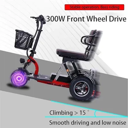 MAKJUNS Patinete de movilidad de 3 ruedas, scooter de movilidad eléctrico plegable, de viaje portátil con cargador y cesta incluidos para personas mayores, viajes, adultos, ancianos, discapacitados