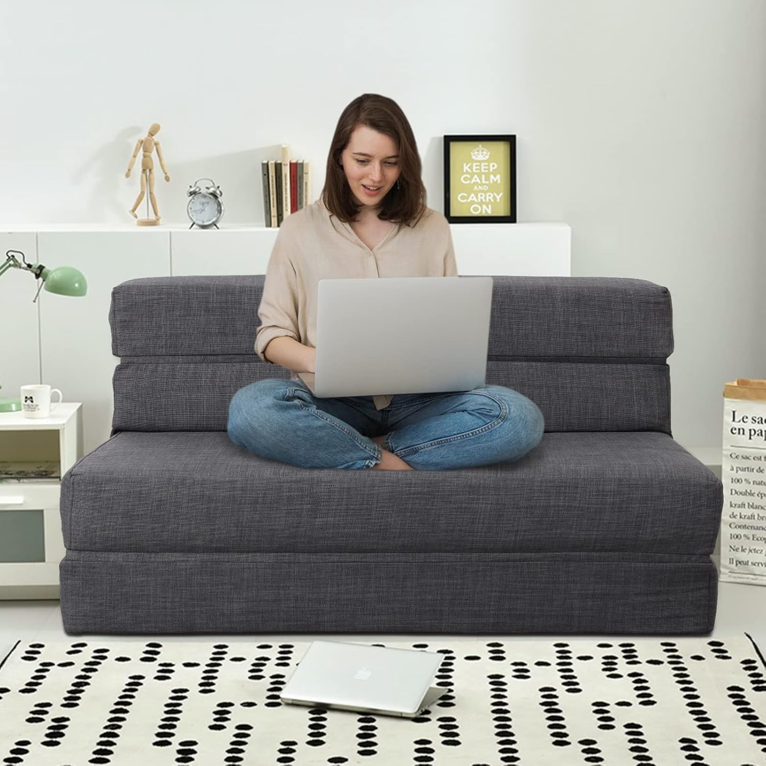 Silla reclinable Anoner, sofá cama plegable de 152 cm, diván con 2 cojines, funda lavable de espuma viscoelástica tamaño queen, color gris claro
