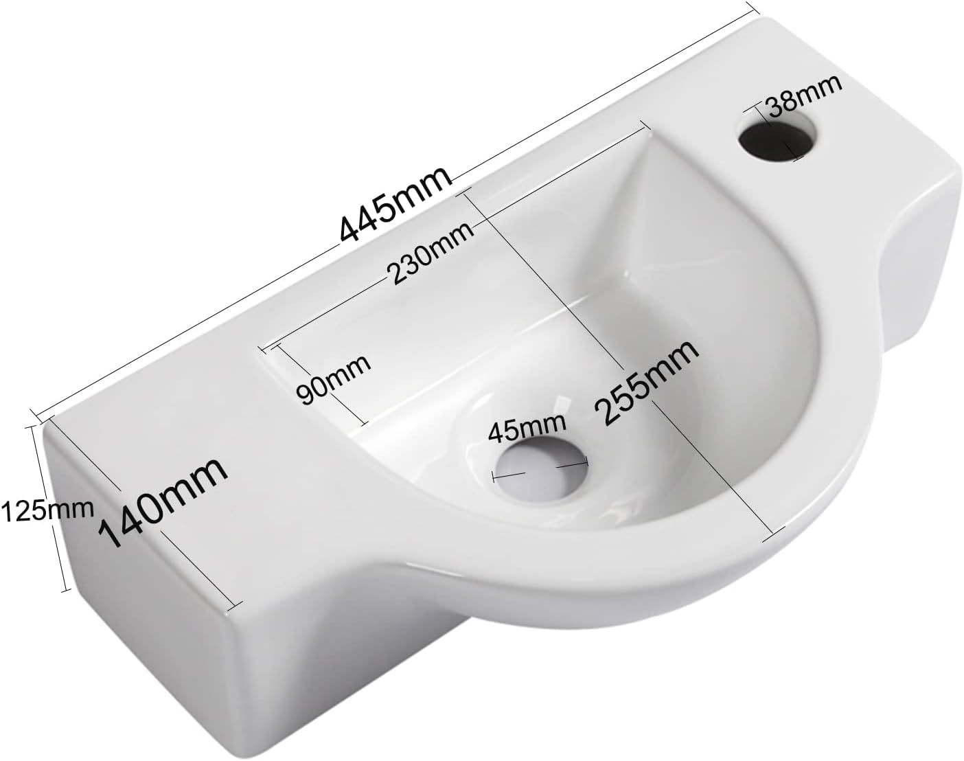Fregadero de baño de cerámica blanca, fregadero esquinero pequeño montado en la pared (fregadero con grifo y desagüe) -----Cepillo de limpieza