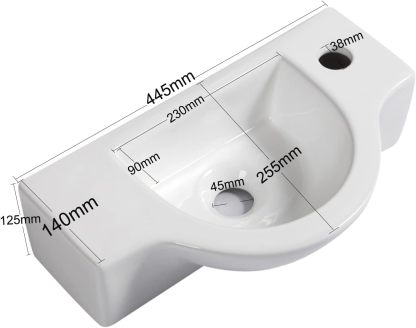 Fregadero de baño de cerámica blanca, fregadero esquinero pequeño montado en la pared (fregadero con grifo y desagüe) -----Cepillo de limpieza