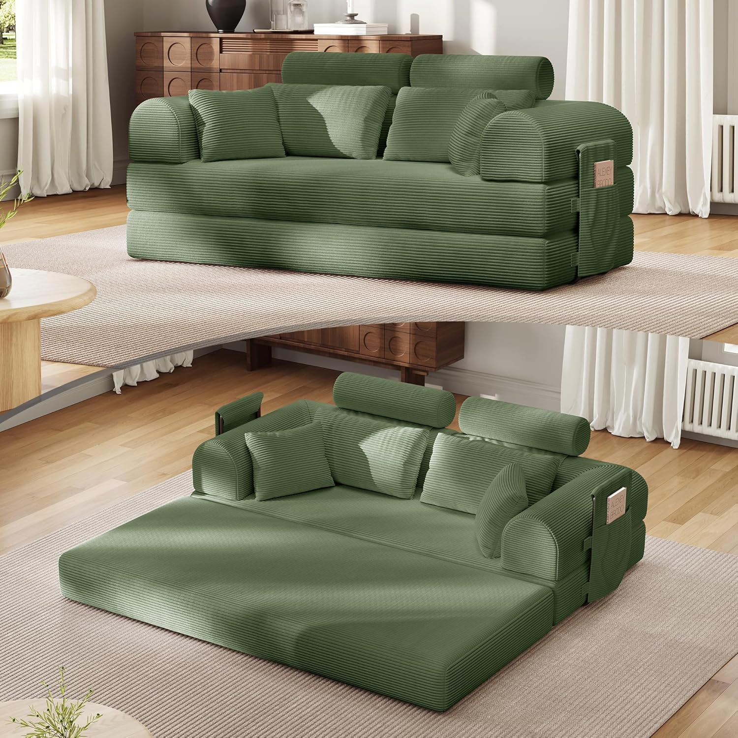 🛋️ Sofá Cama Convertible 79 Pulgadas, Diseño Deshuesado, Mueble Multifuncional para Sala de Estar, Colores Beige y Blanco