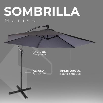 Sombrilla de Jardín Duralife | Sombrillla para Exterior con Brazo Lateral 3M Diámetro Altura Ajustable | Sombrilla de Poliester para Patio, Jardin, Terraza