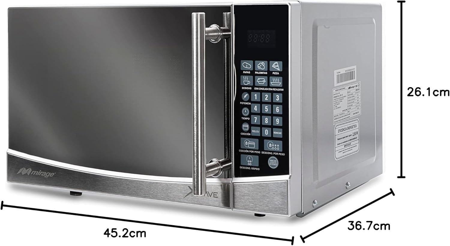 Microondas Xwave Mirage, 0.7 pies, 9 programas predeterminados, acabado tipo espejo, descongelamiento y coccion por pero, plata, modelo MWD020E-PLATA