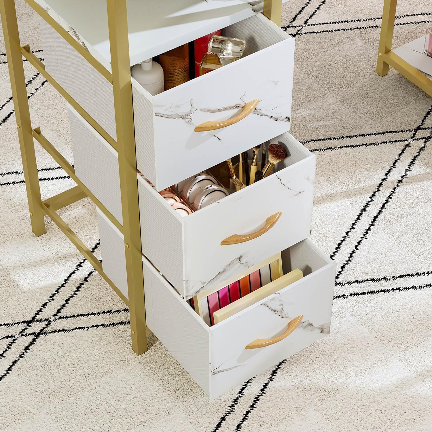 DWVO - Mesa de manicura para uñas, computadora de manicura con Textura marmolada con 3 cajones, estación de Mesa de uñas Resistente a la acetona para salón de Belleza, SPA (Blanco)